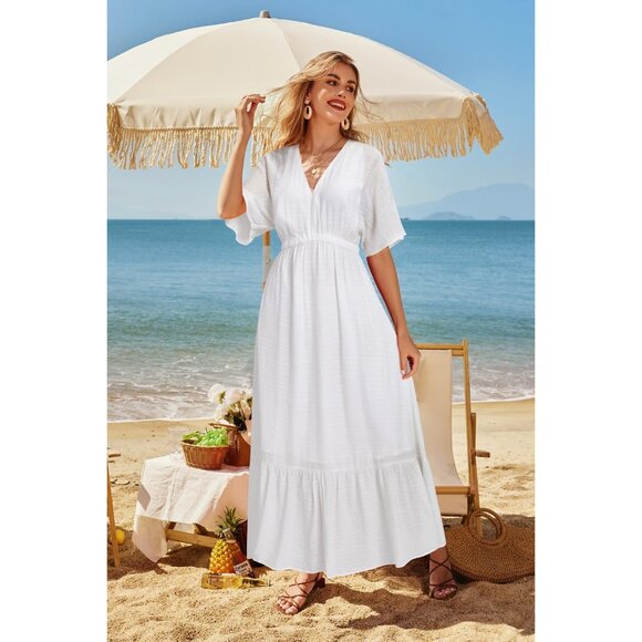Women's Maternity Maxi Dress Boho Short Sleeve V Neck Tie Tiered Summer - Picture 4 of 6